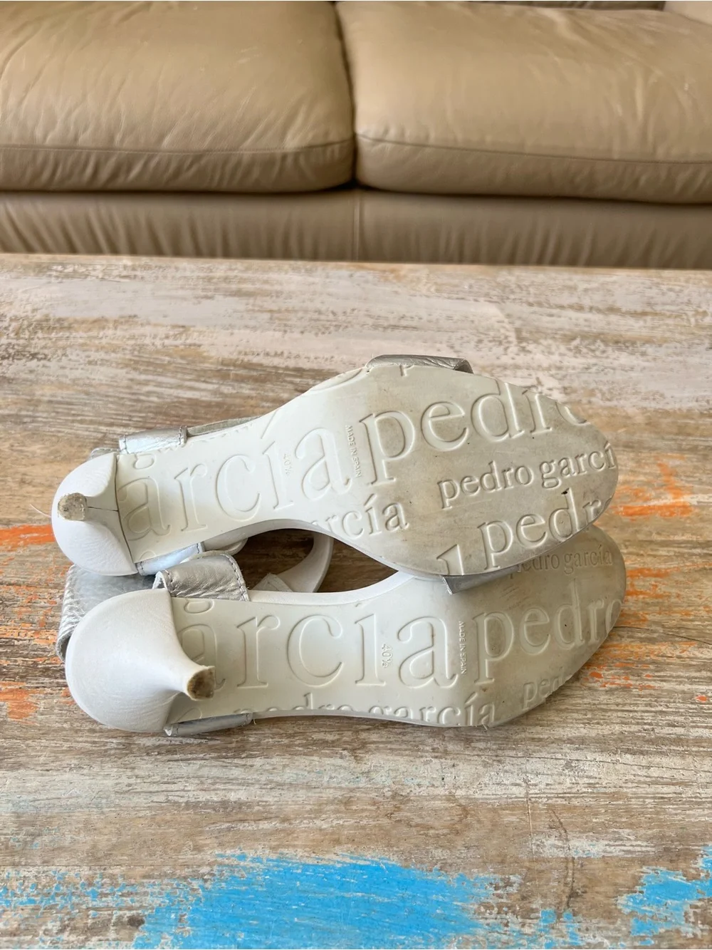 Pedro Garcia Silver and Cream Two-Strap Heeled Sandal Size 40.5/10 1/2